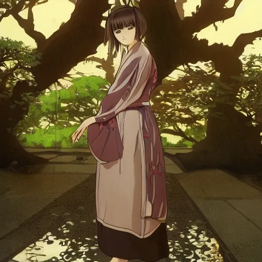 Image similar to anime style, female merchant, yukata clothing, sakura tree in background, brown short hair, hair down, symmetrical facial features, from arknights, hyper realistic, rule of thirds, extreme detail, 4 k drawing, safebooru, realistic lighting, by alphonse mucha, greg rutkowski, sharp focus, backlit