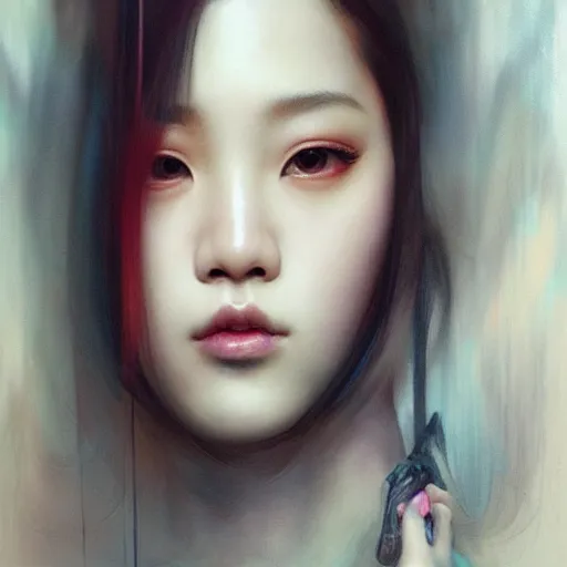 Image similar to jisoo of blackpink, snake, hyperrealistic portrait, bladerunner street, by karol bak and agnes cecile, album cover, fantasy art, photo realistic, dynamic lighting, artstation, poster, volumetric lighting, very detailed face, 8 k, award winning