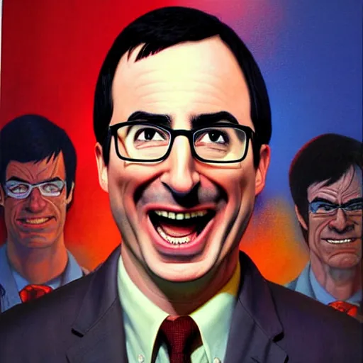 Image similar to Facial portrait. John Oliver, as Dexter looking at the camera, laughing like a maniac. dramatic background, dramatic illumination. extremely detailed painting on canvas. by Greg Capullo and by Henry Moebius and by John Romita Jr. Shown in a newspaper.