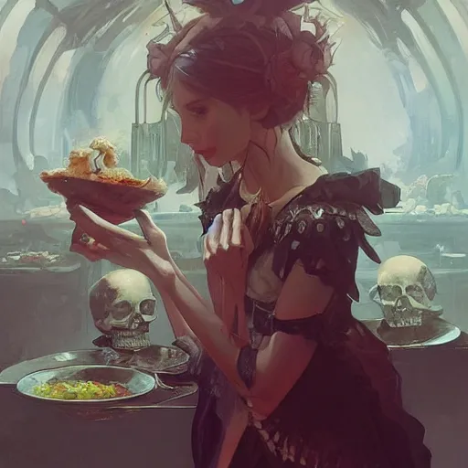 Image similar to A necromancer being served dinner by skeletons, digital painting, detailed, artstation, pixiv, Krenz Cushart, Greg Rutkowski, Alphonse Mucha, Artgerm