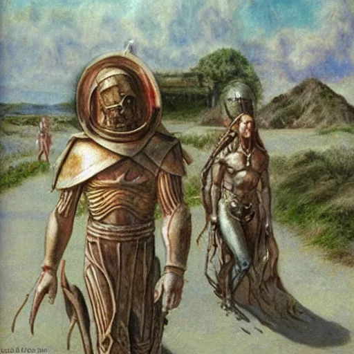 Prompt: romans and aliens going to the beach, alan lee n- 7