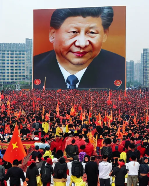 Image similar to tangping lying flat protest movement in china in front of a giant portrait of xi jinping