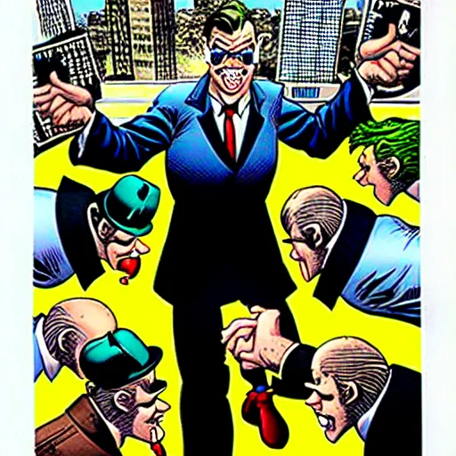 Prompt: drawing of gotham city's finest investigative reporter jack ryder with 1 4 tiny jokers reaching out of his mouth, 4 k art by brian bolland, graphic novel cover art