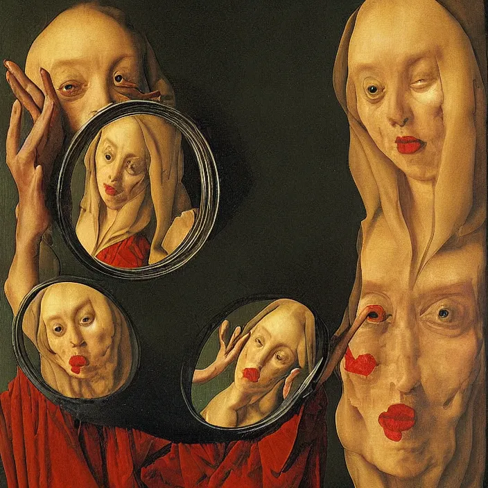 Image similar to strange mutant fungic woman holding a round mask mirror. painting by jan van eyck