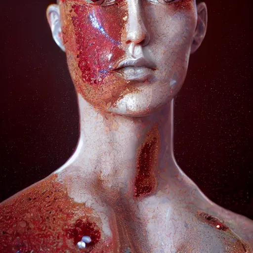 Prompt: abstract highly detailed female sculpture portrait made of white marble and red crystals quartz and minerals, ethereal lights, fine details, artstation, film still, rim light, cinematic photoshooting, luxury, 8 k, intricate golden filigree, octane render, hypperrealistic painting, abstract liquid acrylic art, painting by alex heywood and randy bishop