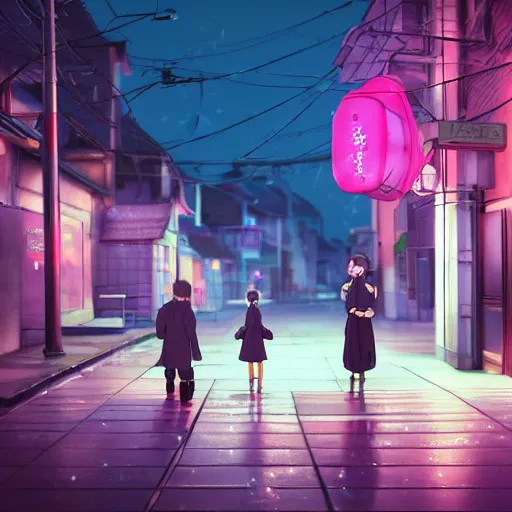 Prompt: a beautiful anime style image of a father walking down a wet street with her little daughter on a full moon night , clear sky, realistic, by makoto shinkai, octane, 3d render, pink and purple coloured theme