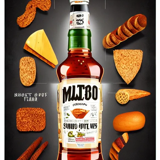 Image similar to snack foods, malort bottle design, hd render