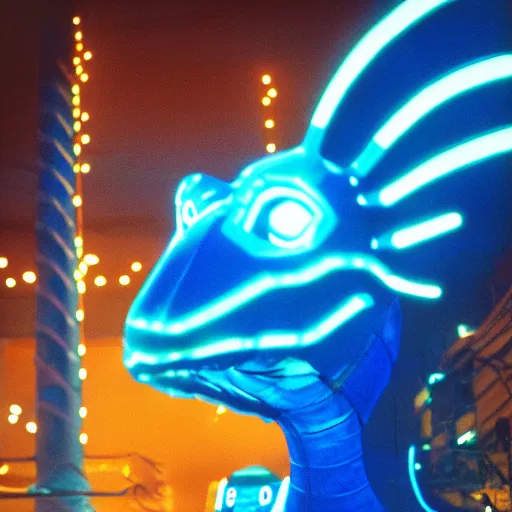 Prompt: electric blue scaled glowing baby dinosaurs in tron movie, cinestill