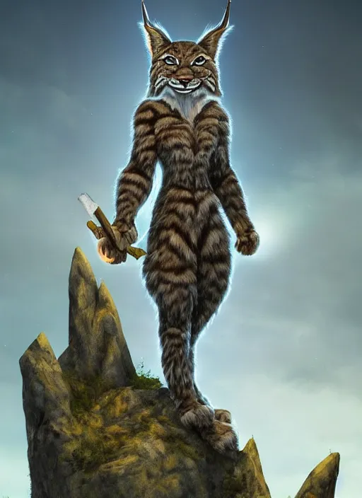 Image similar to anthropomorphic lynx standing tall, holding a scepter, night, spruce trees on the sides, mountains in the background, eerie dark atmosphere, moonlit, back light, fantasy movie, fantasy art, fantasy matte painting, trending on artstation