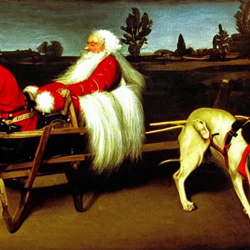 Image similar to Father Christmas riding a sledge pulled by greyhounds Painted by Caravaggio