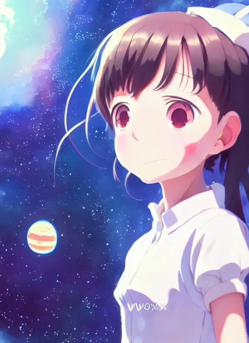 Image similar to portrait of a very cute girl with big eyes big smile, very anime space background illustration concept art anime key visual trending pixiv fanbox by wlop and greg rutkowski and makoto shinkai and studio ghibli and kyoto animation