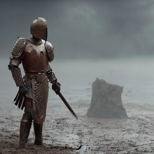 Prompt: a film still of a medieval warrior with bronze armor that has carvings of squids and cuttlefish, they’re standing in mud with puddles, surrounded by dry ice smoke, fog, haze, highly detailed, wide shot, full body