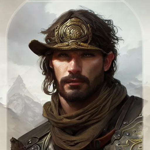 Image similar to Portrait of rugged male ranger, D&D, muscular, fantasy, intricate, elegant, highly detailed, digital painting, artstation, concept art, smooth, sharp focus, illustration, art by artgerm and greg rutkowski and alphonse mucha