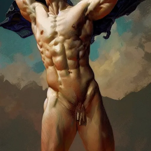 Image similar to a heavenly god, gorgeous, amazing, muscular, hairy torso, intricate, highly detailed, digital painting, artstation, concept art, sharp focus, illustration, art by greg rutkowski and alphonse mucha