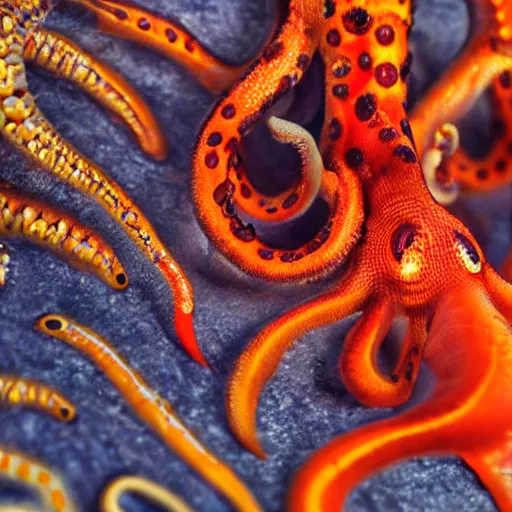 Prompt: fiery whimsical emotional eyes cephalopod, in a photorealistic macro photograph with shallow dof, in the style of a medieval bestiary