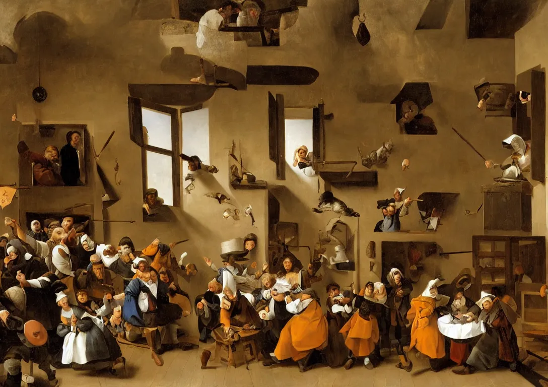 Prompt: Jan Steen arranges various actors in a small room with a window and low ceiling.