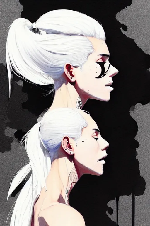 Image similar to a ultradetailed beautiful painting of a stylish woman in with white hair in a ponytail, she is wearing a black tank top and jeans, by conrad roset, greg rutkowski and makoto shinkai trending on artstation