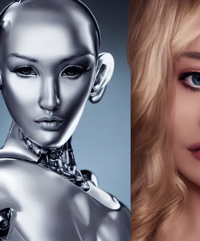 Image similar to realistic portrait of a silver robot is watching tv in front of the tv and the tv displays one victoria's secret model and the robot's face is partially morphed into an copy of the model, realistic, 4 k