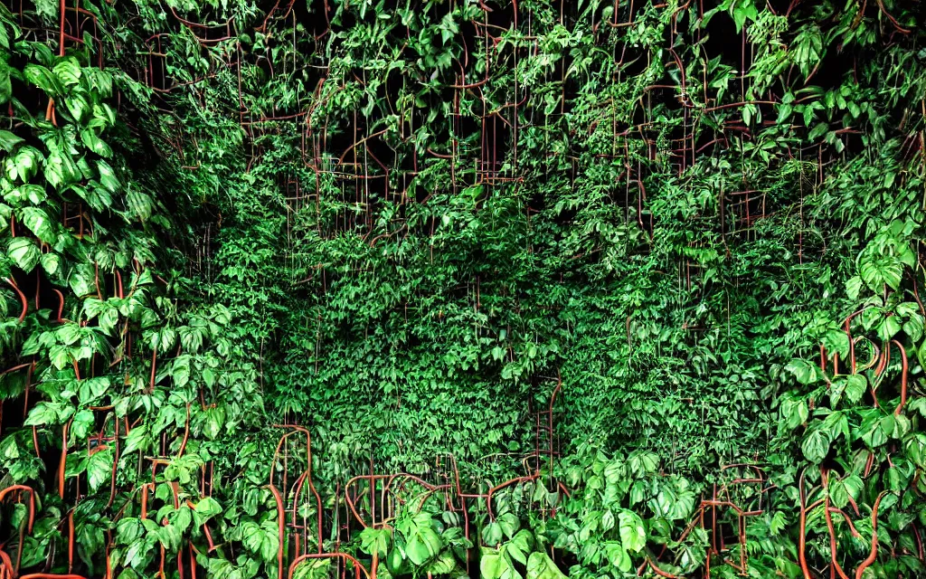 Prompt: Multiple layers of perspective Deep dark green jungle vines. metal foundry Clay sculpture by Magritte. Surreal sense of scale and depth. mind bending illusions of light and shadows by Magritte and Dali. Huge clay art installation in an abandoned metal foundry. red, gold, green, black.