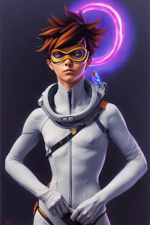 Image similar to tracer from overwatch portrait, painted by wayne barlowe