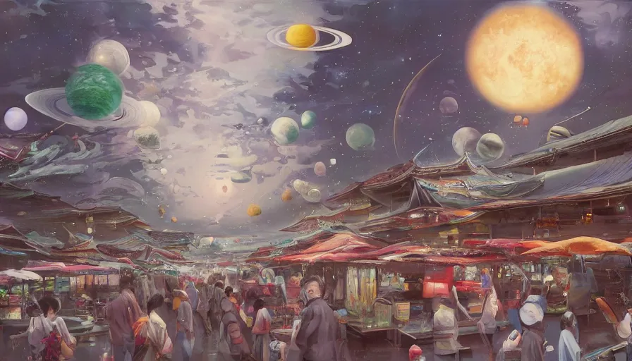 Image similar to floating wet japanese market with vendors on a luxurious road on interstellar solar system with nearby planets seen from the distance, advanced highway, star trek style, by peter mohrbacher, jeremy mann, francoise nielly, android james, ross tran, beautiful, award winning scenery, 8 k quality, clean details, serene, sakura season