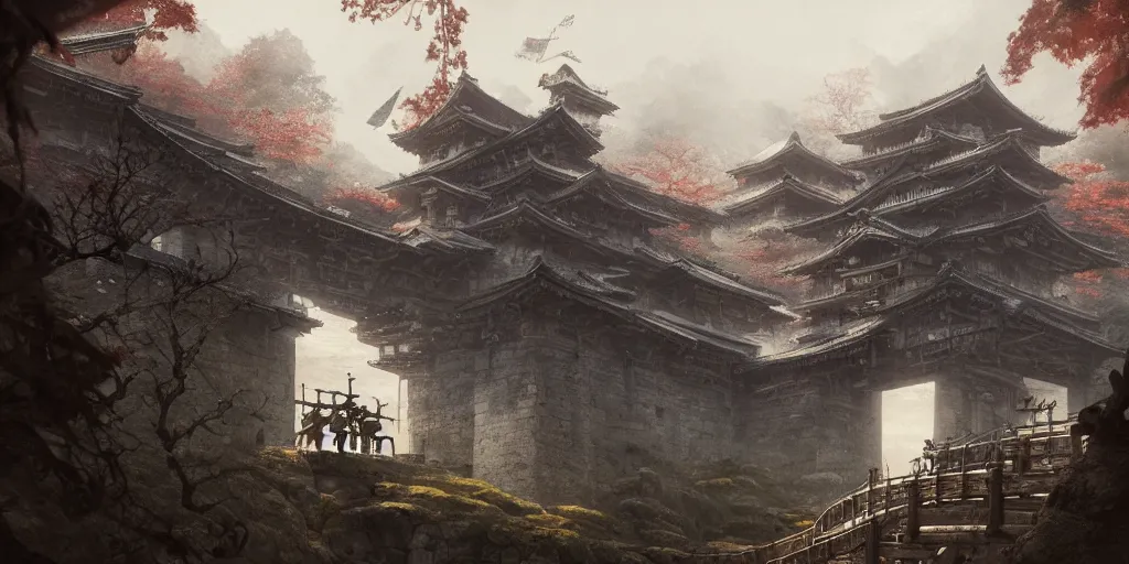 Image similar to japan middle age, giant fortress with cannons guarded by samurais, is built on a strong old wooden bridge, giant goddess with swords, morning, matte painting, concept art, james gurney, greg rutkowski, unreal engine, artstation, john howe