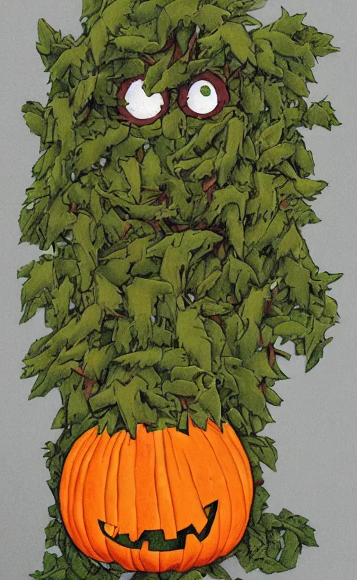 Image similar to a pumpkin monster but it's body is made out of vines and weeds, full body portrait