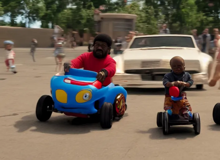 Image similar to peter dinklage racing gary coleman driving a little tikes cars, movie still, from the new fast and furious movie, 8 k, realistic