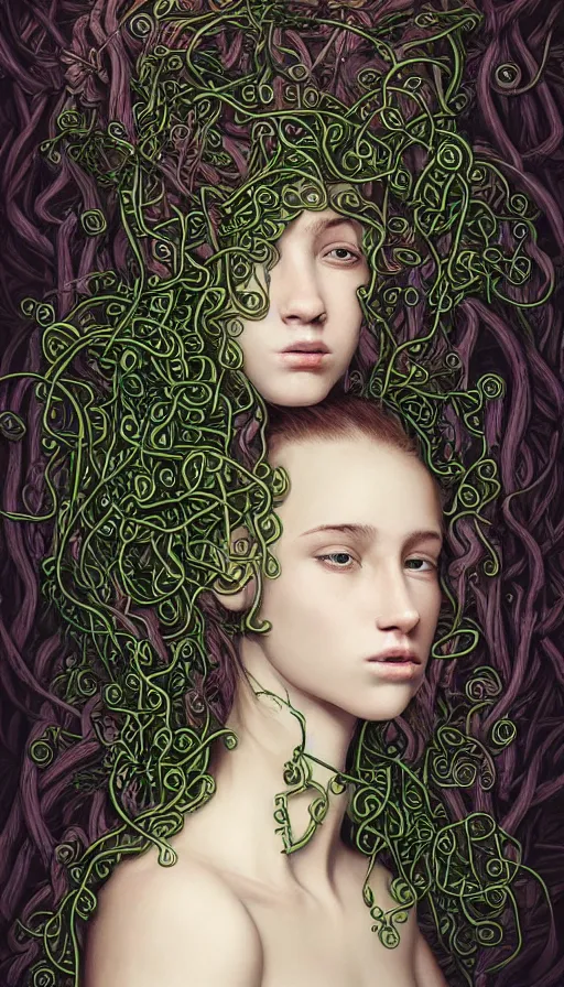 Image similar to very detailed portrait of a 2 0 years old girl surrounded by tentacles, the youg woman visage is blooming from fractal and vines, by andre francois