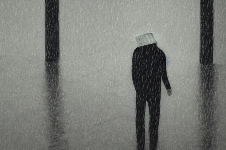 Image similar to a drawn man standing in the rain.