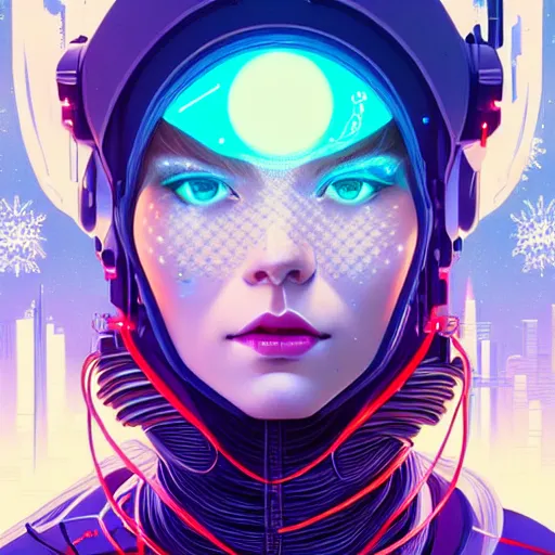 Image similar to high quality, high detailed portrait of a snow queen cyberpunk character in a futuristic world, tristan eaton, victo ngai, artgerm, rhads, ross draws, hyperrealism, intricate detailed, cables, wires, connectors, led. alphonse mucha, pastel colors, vintage, artstation, vector. 8 k