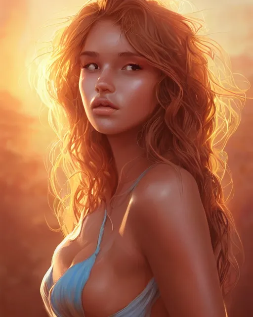 Image similar to summer vibes, beautiful sun tanned goddess portrait, flowy sunkissed hair, sun, summer, cinematic lighting, highly detailed, digital painting, trending on artstation, pixiv, concept art, sharp focus, illustration, art by ross tran and wlop