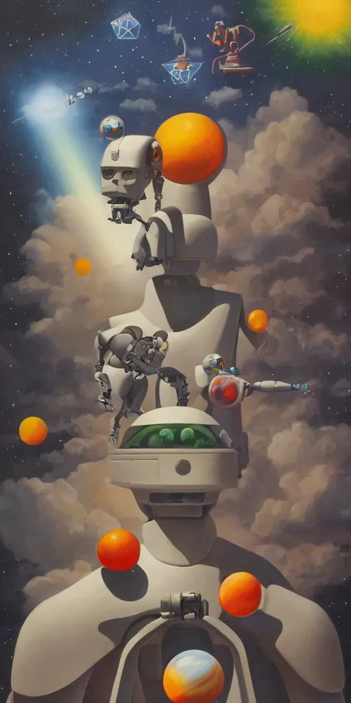 Image similar to a painting by ralph mcquarrie of floating molecules and a robot artist holding an icosahedron with stars, clouds, and rainbows in the background, trending on artstation, masterpiece, incredible details