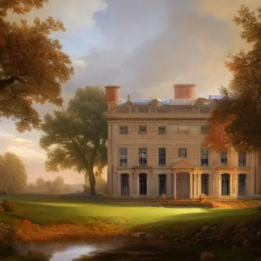 Image similar to a large serene beautiful matte painting of a quaint english country mansion, by asher brown durand and greg rutkowski, featured on artstation, blue and orange color scheme