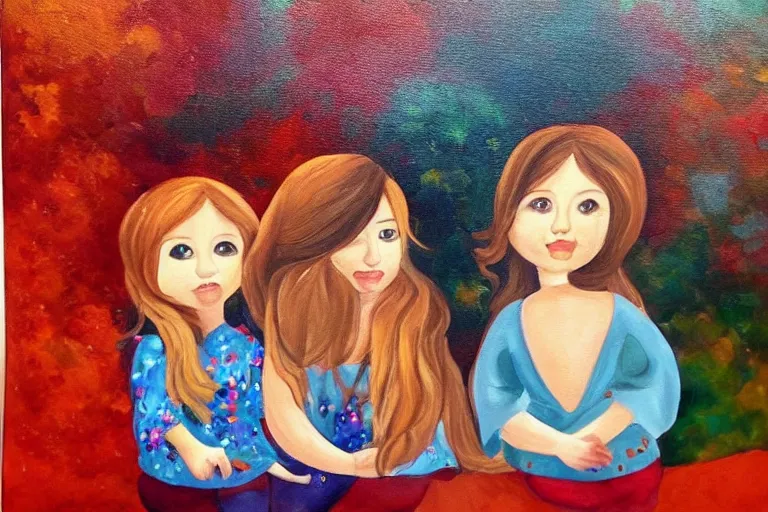Prompt: beautiful painting of friends, beautiful faces, sitting on the edge, cute