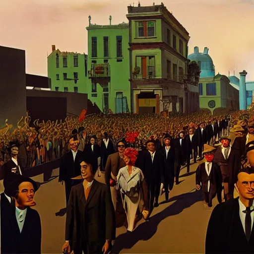 Prompt: a crowd of men in suits marching in a surrealistic city, cinematic dramatic lighting, matte painting, Salvador Dali, René Magritte, Frida Kahlo