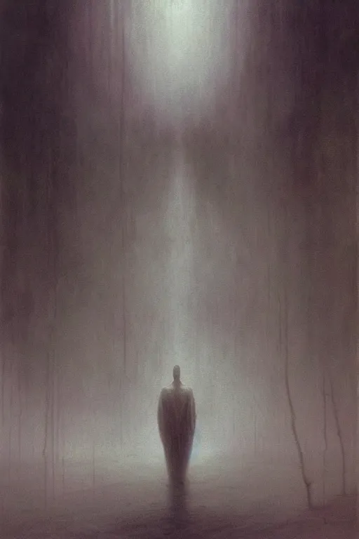 Prompt: hyper realistic painting of the eerie fog, ghost, creepy atmosphere, unnerving brushstrokes wayne barlowe, beksinski, hr giger, austin osman spare, bussiere