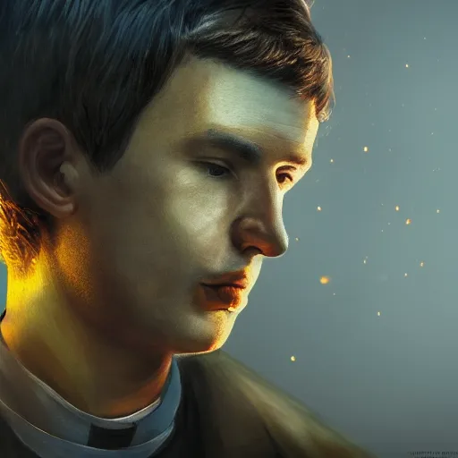 Image similar to Close up of a young, thin and stern catholic priest in his thirties fervently praying as he is about to die from the ominous terrifying Lovecraftian yellow shadow descending upon him from the night sky. Low angle, dramatic lighting. Award-winning digital art, trending on ArtStation