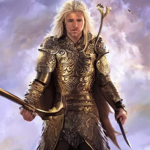 Image similar to Full body shot of beautiful male cleric with long flowing blonde hair wearing burnished bronze armour emblazoned with a swan on the breastplate. Wielding a magical scimitar embossed with the phases of the moon. Magic, bright divine lighting, flux. High fantasy, digital painting, HD, 4k, detailed by Ruan Jia