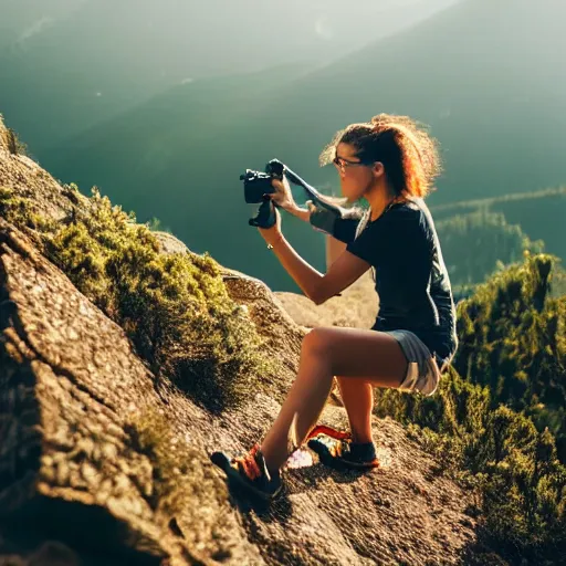 Image similar to beautiful girl climbing a mountain, dslr, natural lighting, clear features,