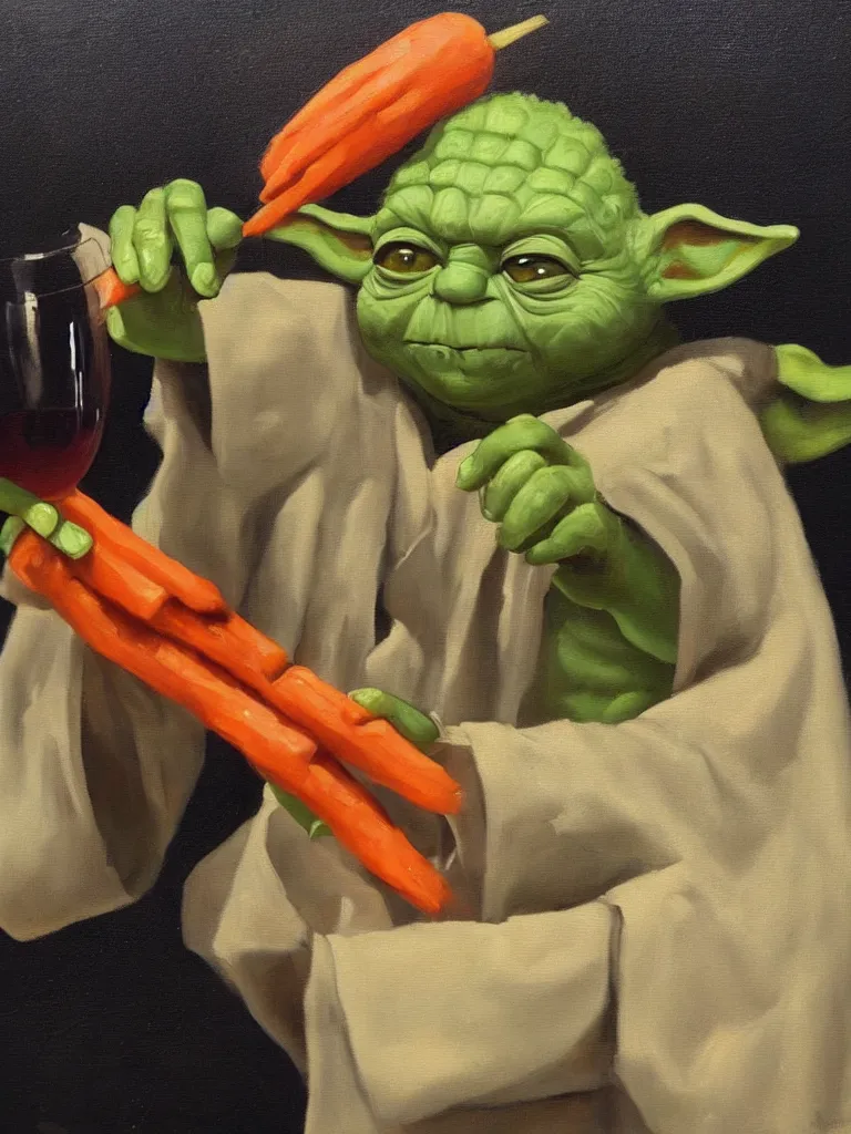 Image similar to old oil painting of a yoda eating carrot and drinking wine, trending on artstation