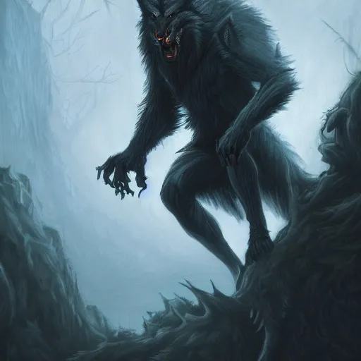 Prompt: Werewolf, Fantasy Illustration in the style of Mohrbacher, 4k masterpiece, Moody lighting with fog