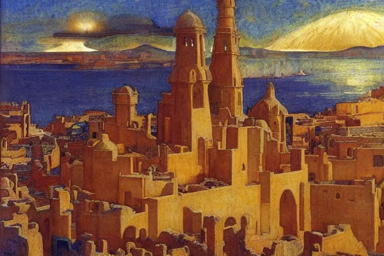 Prompt: ancient moorish city by the sea by Annie Swynnerton and Nicholas Roerich and jean delville, strong dramatic cinematic lighting , ornate painted architecture, lost civilizations, smooth, sharp focus, extremely detailed