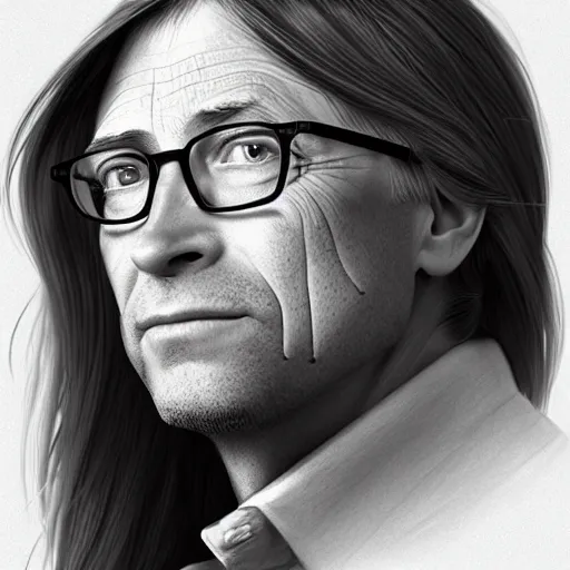 Prompt: hacker bill gates with long hair and a ponytail, 3 d renderhighly detailed, ray tracing, artstation, concept art, smooth, sharp focus, illustration, art by artgerm and greg rutkowski and alphonse mucha, 8 k