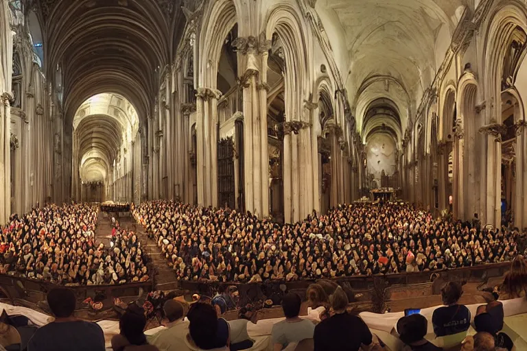 Image similar to huge crowd listens to a hermeneutic pipe organ concert in a vast basilica, matte painting, scenic full shot, ambient lighting, by makoto shinkai, artgerm, oil painting by caravaggio and goya