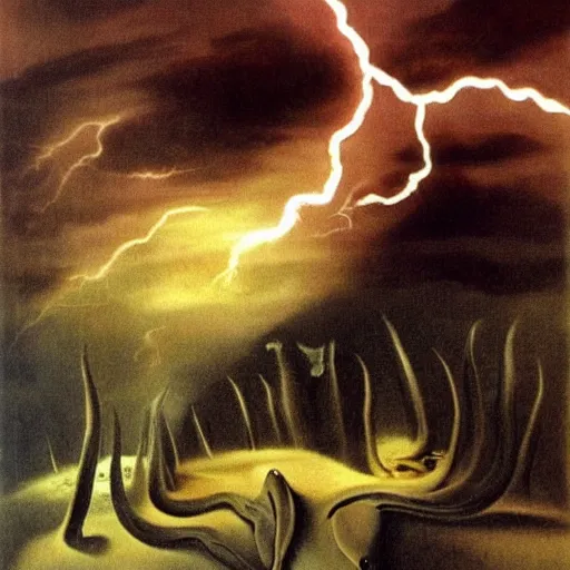 Prompt: all my worries as creatures climbing on my back, whispering on my ear every mistake. Dark, eerie, scary, dramatic lightning, by dali