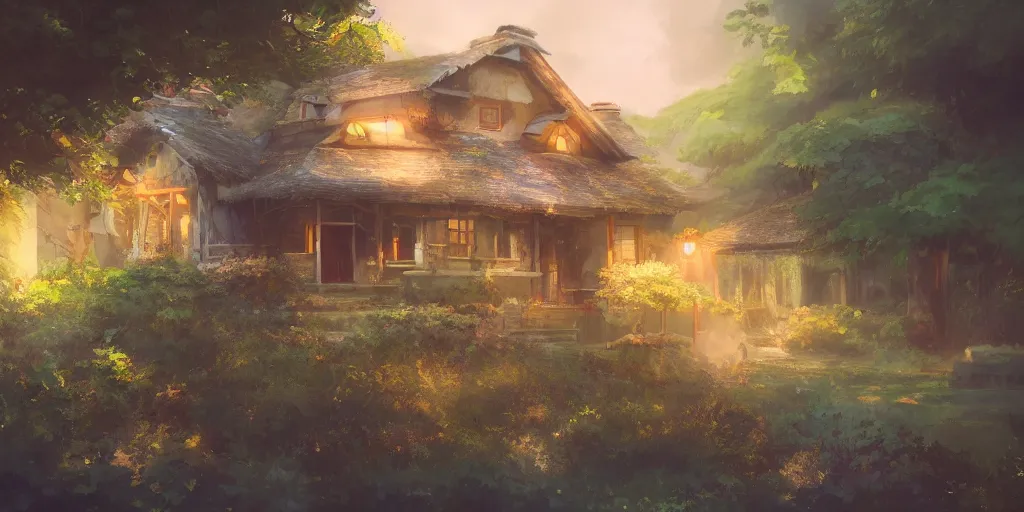 Prompt: a house, cinematic angle, studio Ghibli, volumetric lighting, bold, beautiful composition, intricate, elegant, digital art, detailed oil painting, hyperrealistic, sharp focus, 8k