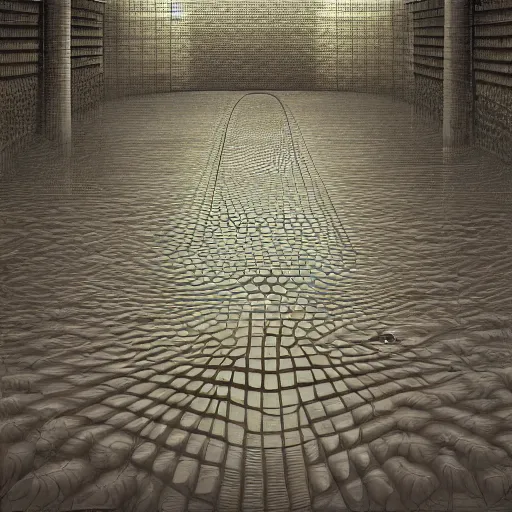 Prompt: subway station. unsettling. semi - organic. repetitive tiles. zdzisław beksinski