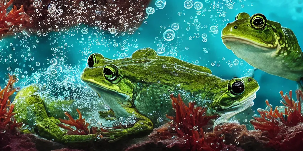 Image similar to a very intricately detailed underwater photo of a fish cuddling with a frog. a lot of bubbles, diffracting the light. extreme detail, artstation hq, 8 k