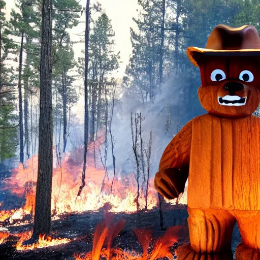 Prompt: smokey the bear watching his family being burnt alive in a forest fire